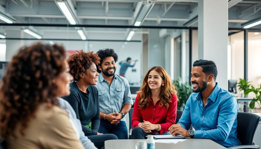 Colegas de trabalho em reunião com comunicação emocional autêntica Colegas de trabalho em reunião com comunicação emocional autêntica