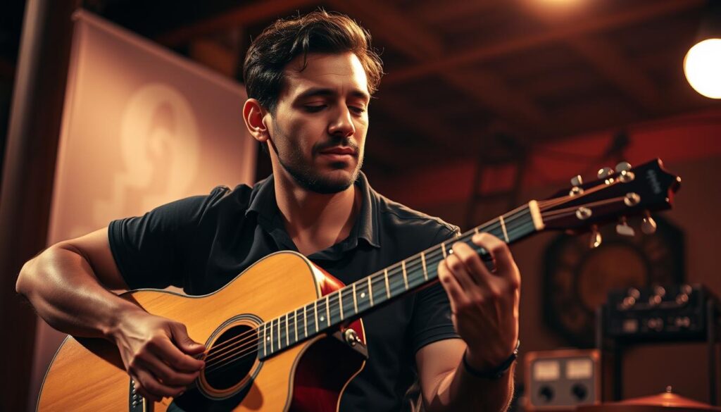 Músico tocando violão representando Dialogos do Coração na MPB Músico tocando violão representando Dialogos do Coração na MPB